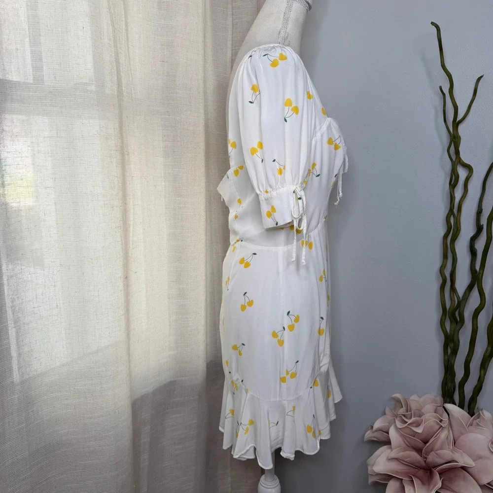 For Love & Lemons Ashland Cherry Print‎ Lace Up Ruffle Mini Dress White Medium